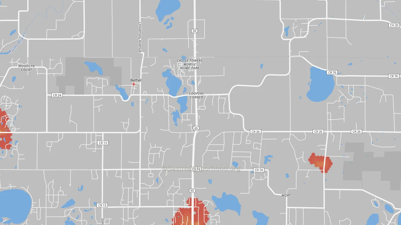 Walk Grade map of 55005, MN, walkable areas in green and car-dependent areas in red
