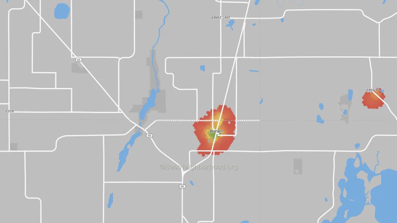 Walk Grade map of 55006, MN, walkable areas in green and car-dependent areas in red