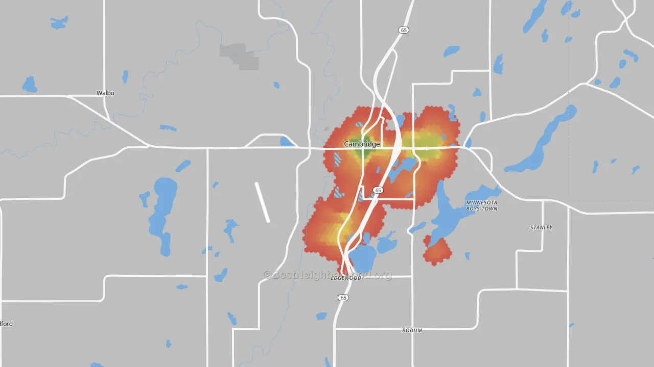 Walk Grade map of 55008, MN, walkable areas in green and car-dependent areas in red