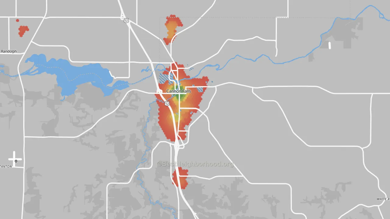 Walk Grade map of 55009, MN, walkable areas in green and car-dependent areas in red