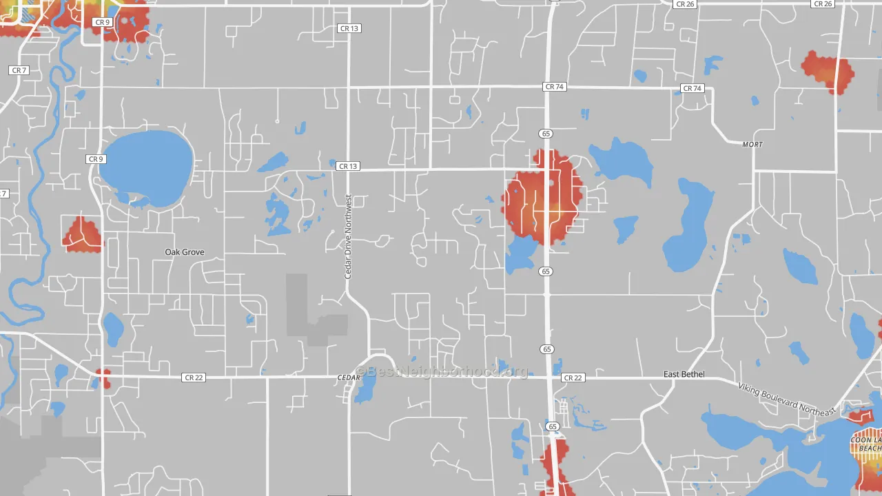 Walk Grade map of 55011, MN, walkable areas in green and car-dependent areas in red