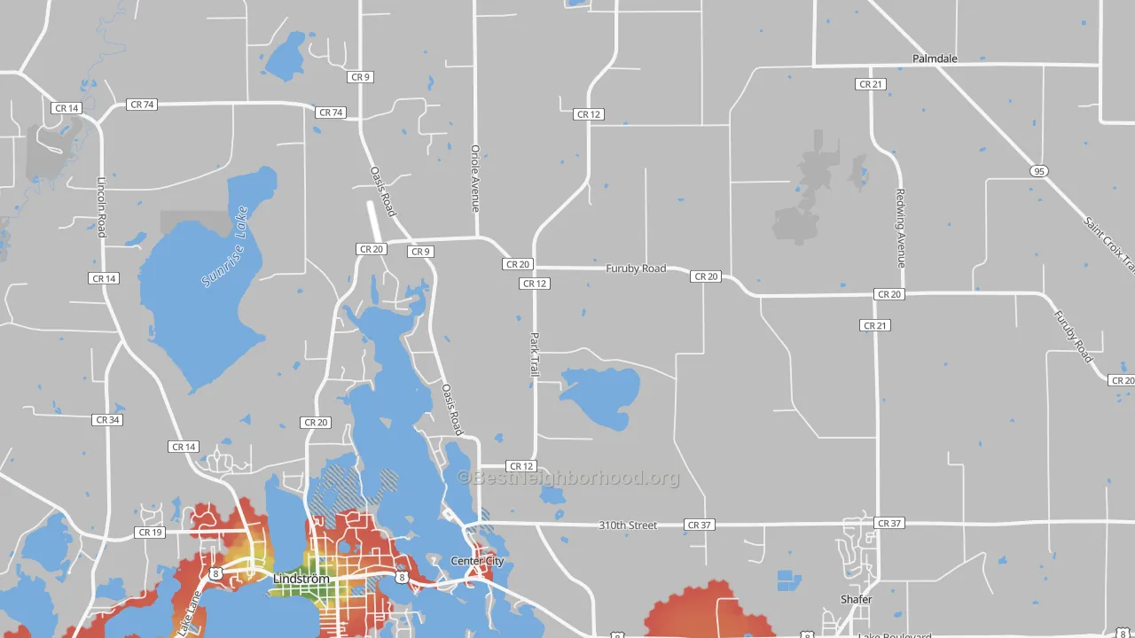 Walk Grade map of 55012, MN, walkable areas in green and car-dependent areas in red