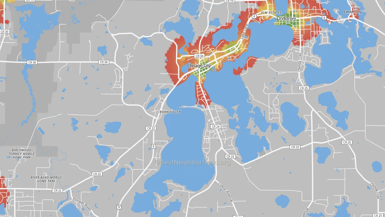 Walk Grade map of 55013, MN, walkable areas in green and car-dependent areas in red