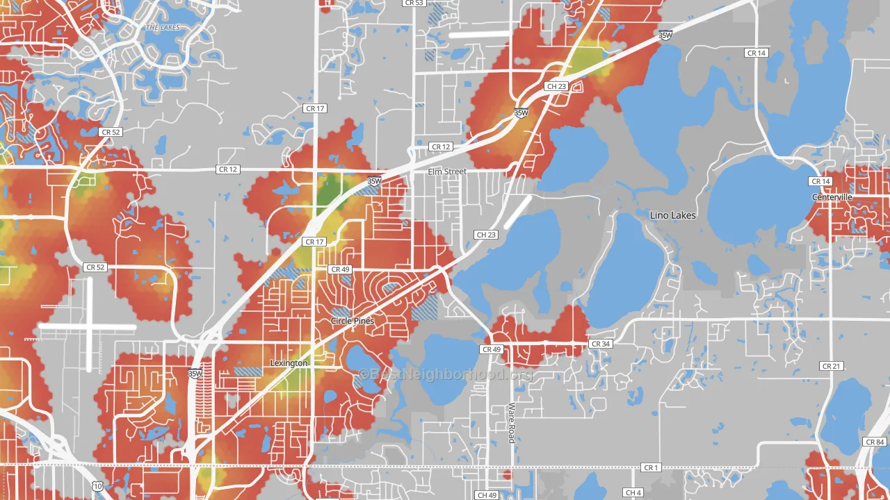 Walk Grade map of 55014, MN, walkable areas in green and car-dependent areas in red