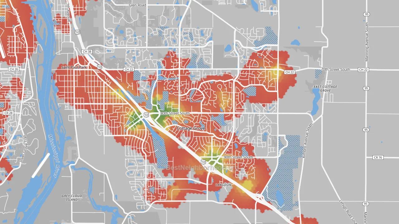 Walk Grade map of 55016, MN, walkable areas in green and car-dependent areas in red
