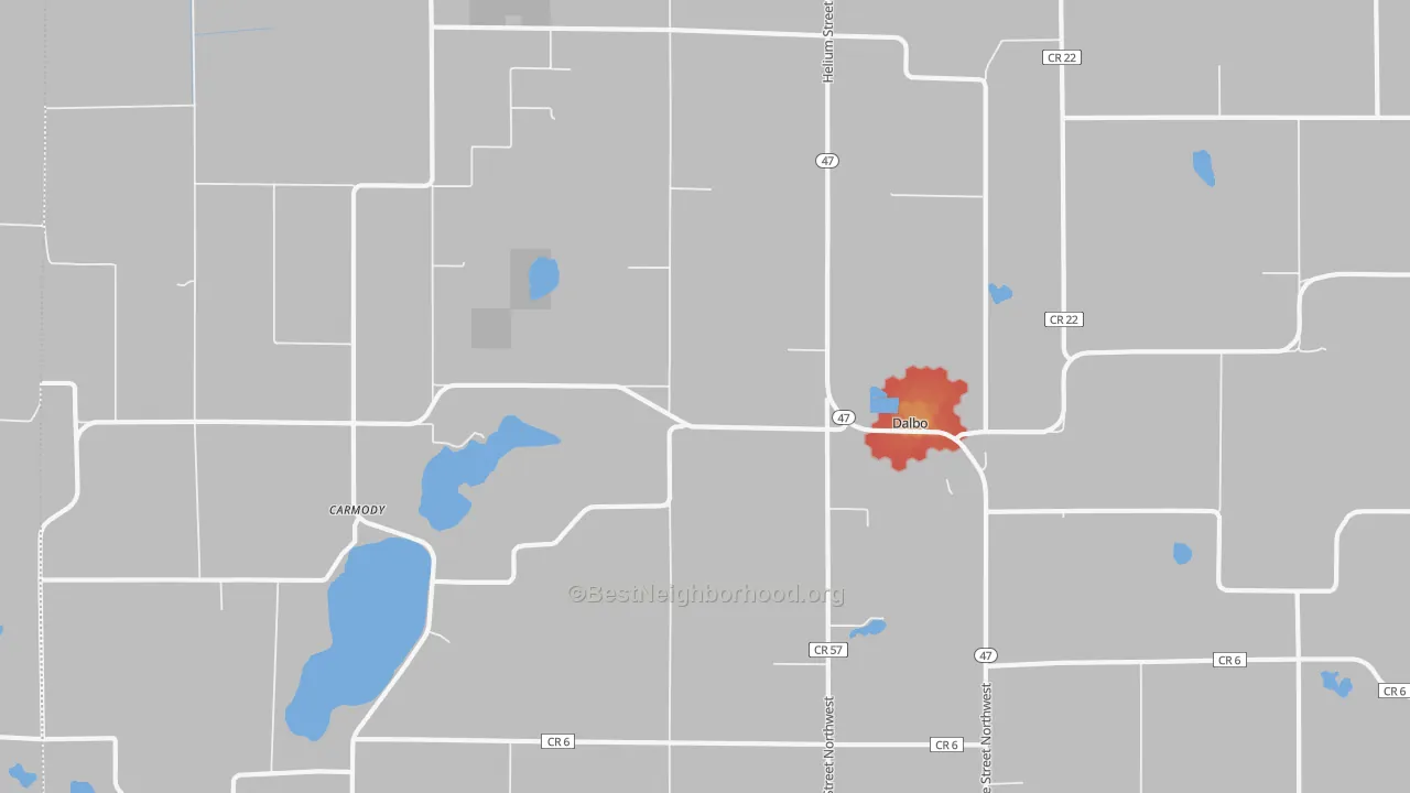 Walk Grade map of 55017, MN, walkable areas in green and car-dependent areas in red