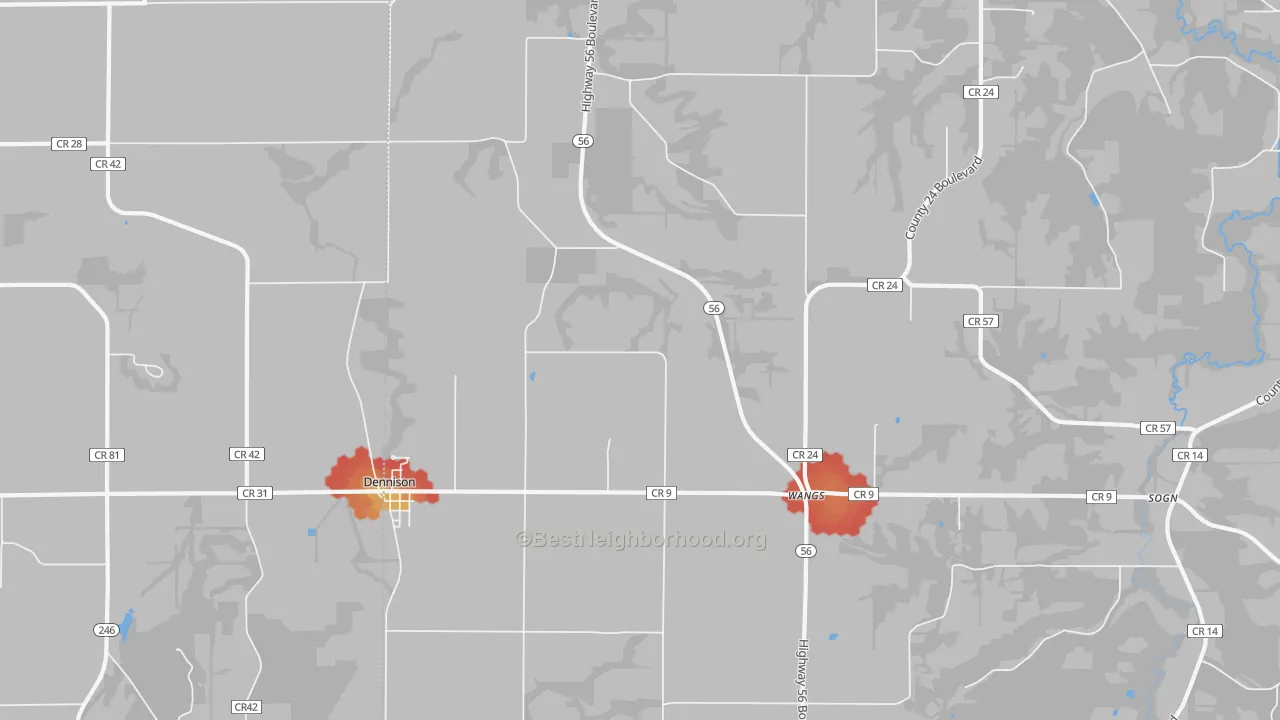 Walk Grade map of 55018, MN, walkable areas in green and car-dependent areas in red