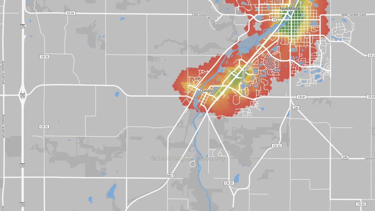Walk Grade map of 55019, MN, walkable areas in green and car-dependent areas in red