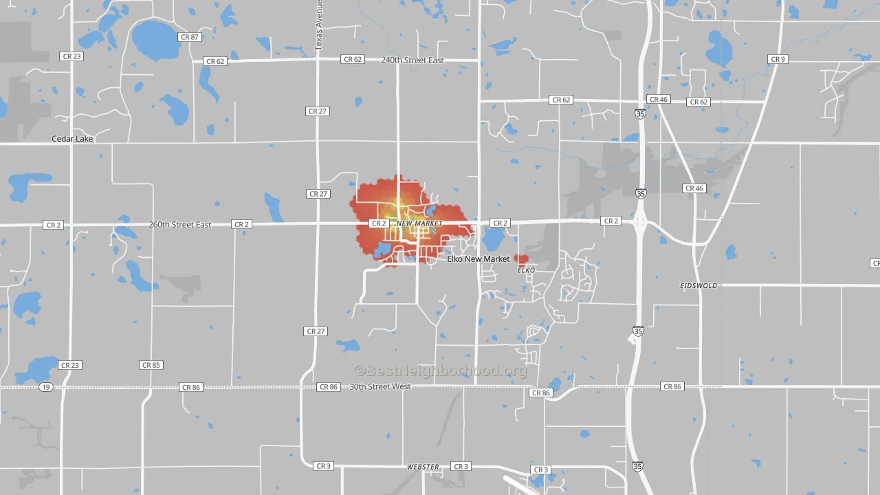 Walk Grade map of 55020, MN, walkable areas in green and car-dependent areas in red