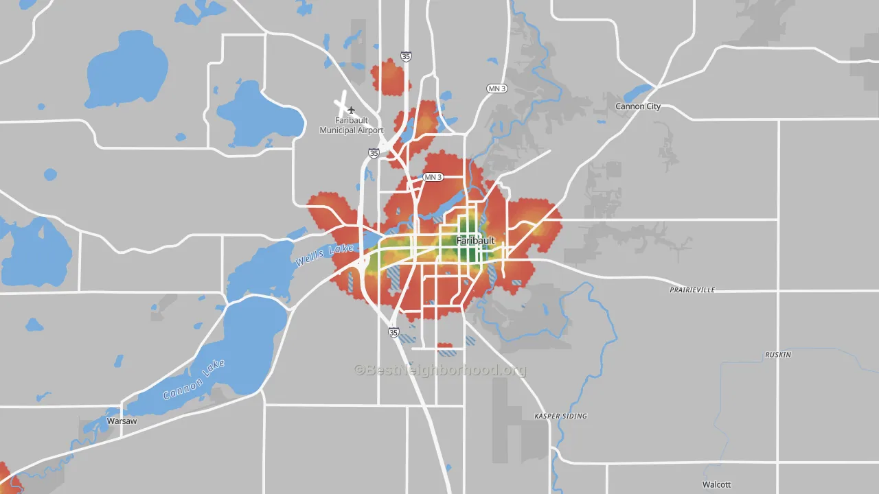 Walk Grade map of 55021, MN, walkable areas in green and car-dependent areas in red