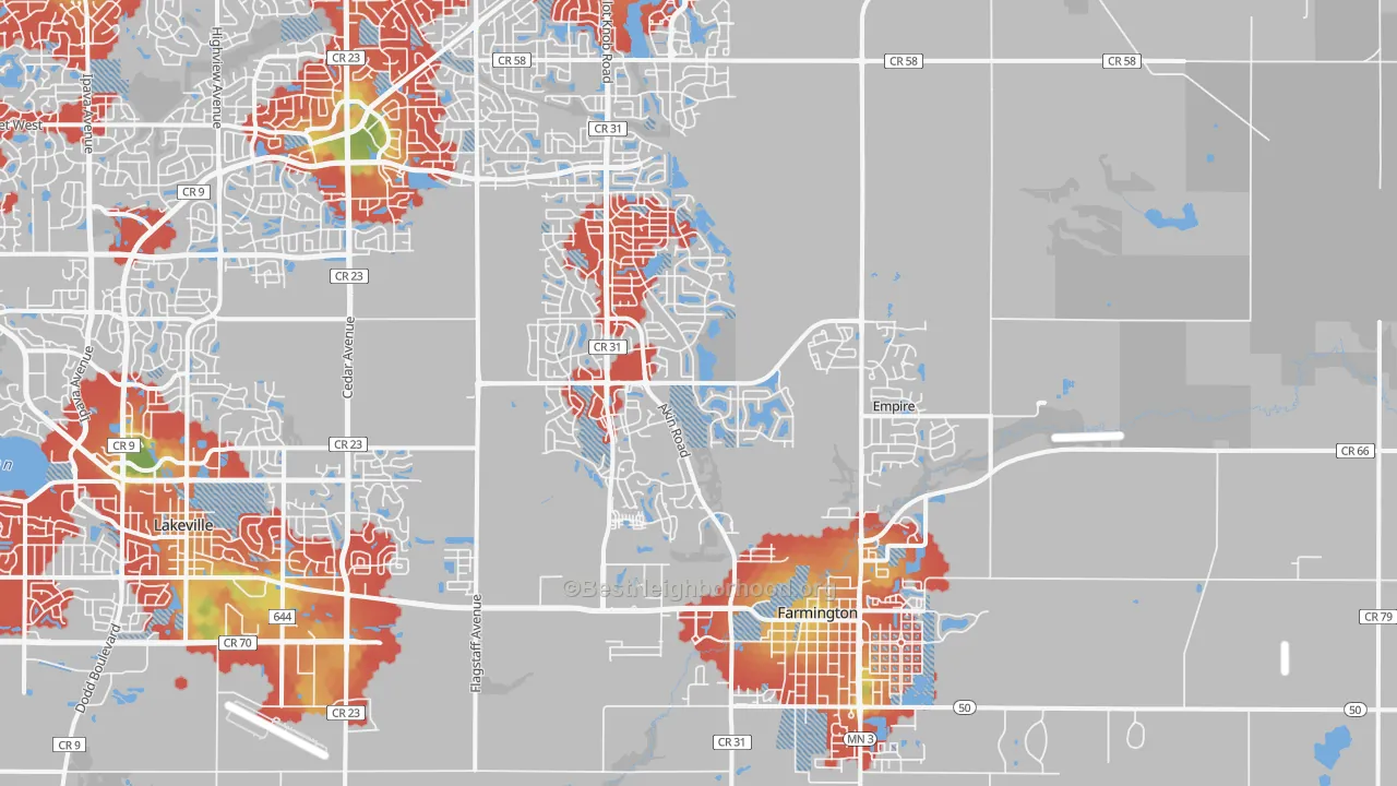 Walk Grade map of 55024, MN, walkable areas in green and car-dependent areas in red
