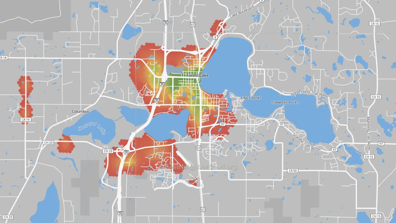 Walk Grade map of 55025, MN, walkable areas in green and car-dependent areas in red