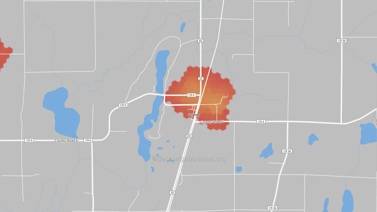 Walk Grade map of 55029, MN, walkable areas in green and car-dependent areas in red