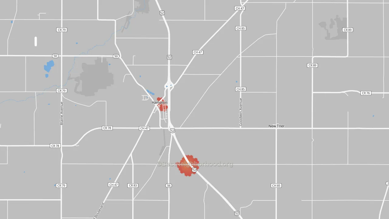 Walk Grade map of 55031, MN, walkable areas in green and car-dependent areas in red