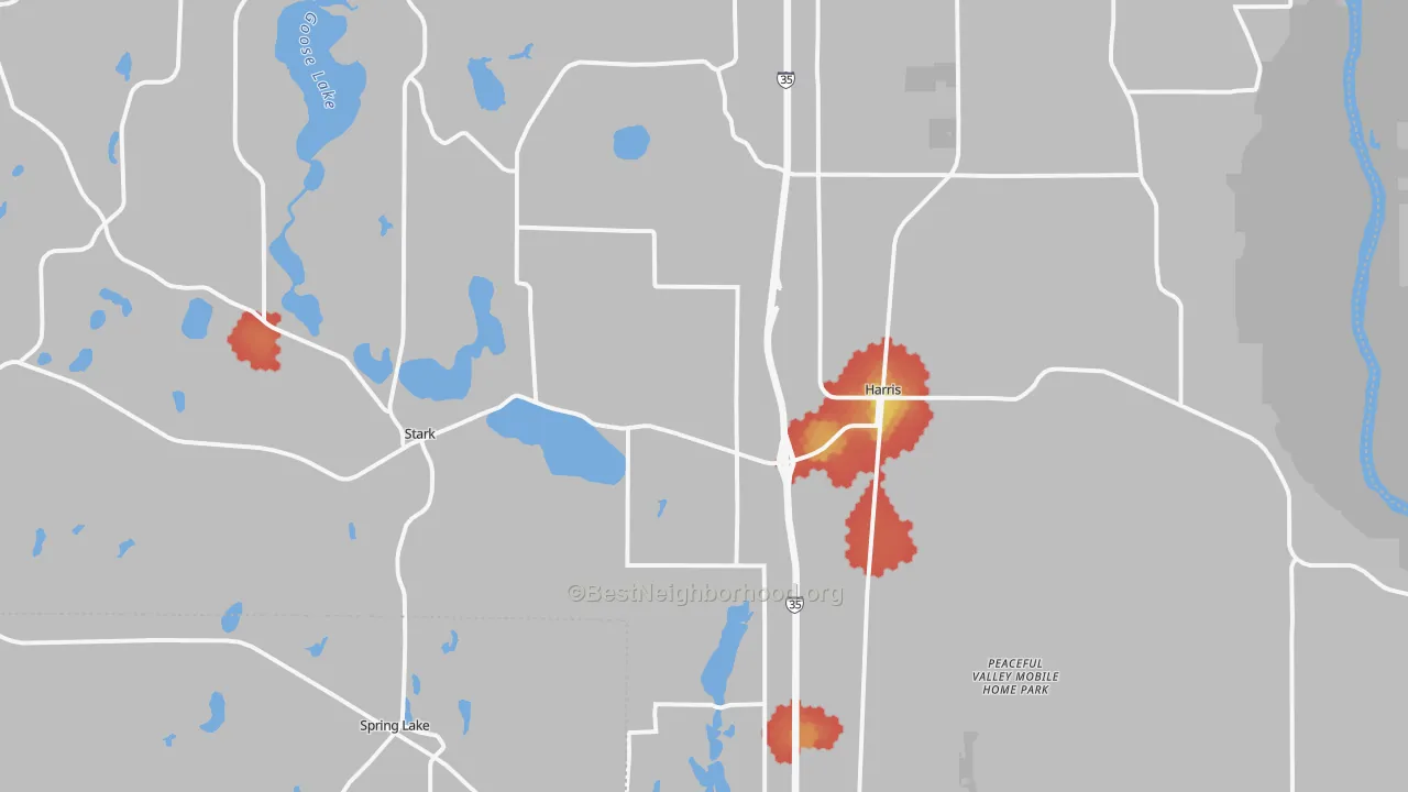Walk Grade map of 55032, MN, walkable areas in green and car-dependent areas in red