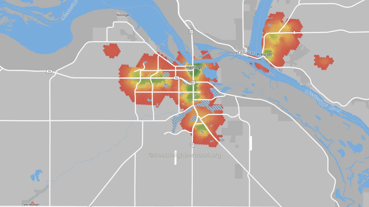 Walk Grade map of 55033, MN, walkable areas in green and car-dependent areas in red