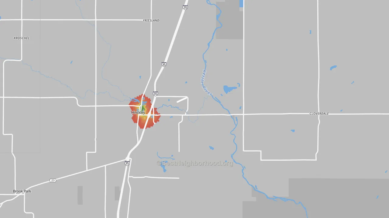 Walk Grade map of 55037, MN, walkable areas in green and car-dependent areas in red