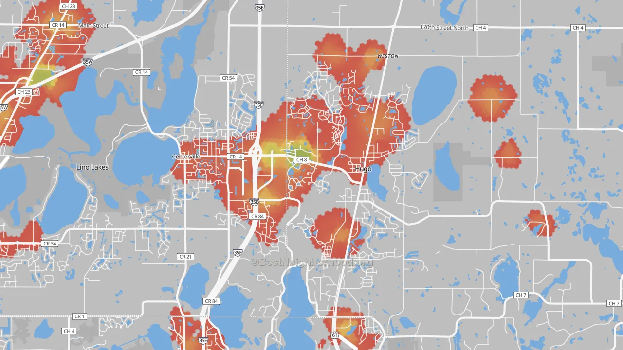 Walk Grade map of 55038, MN, walkable areas in green and car-dependent areas in red