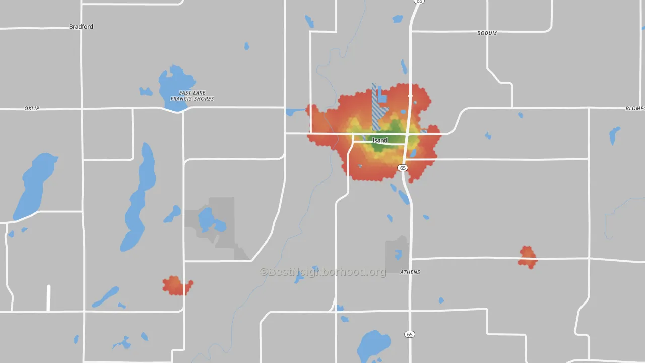 Walk Grade map of 55040, MN, walkable areas in green and car-dependent areas in red
