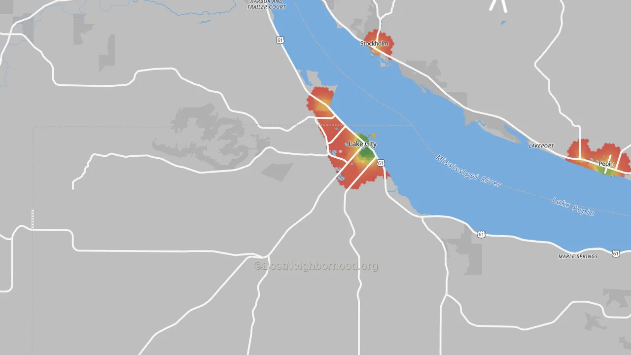 Walk Grade map of 55041, MN, walkable areas in green and car-dependent areas in red