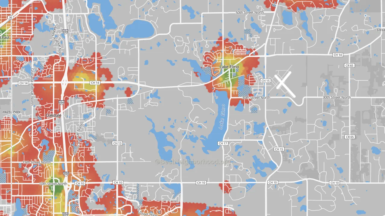 Walk Grade map of 55042, MN, walkable areas in green and car-dependent areas in red