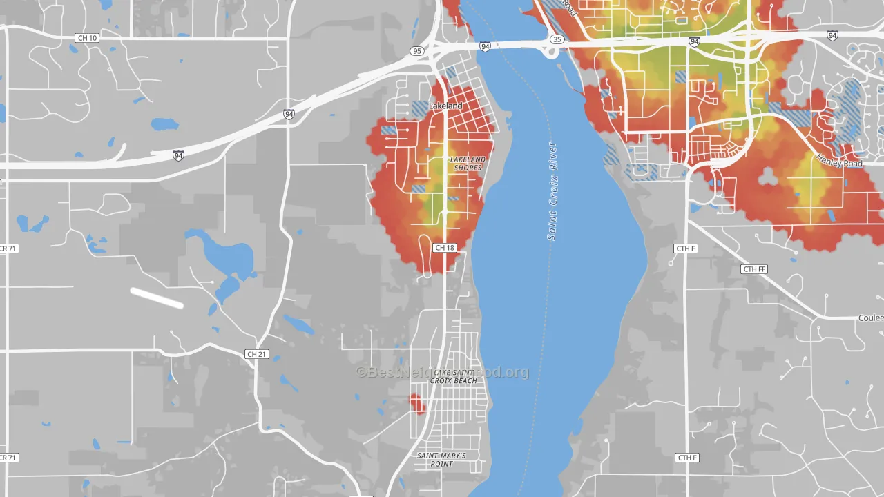 Walk Grade map of 55043, MN, walkable areas in green and car-dependent areas in red