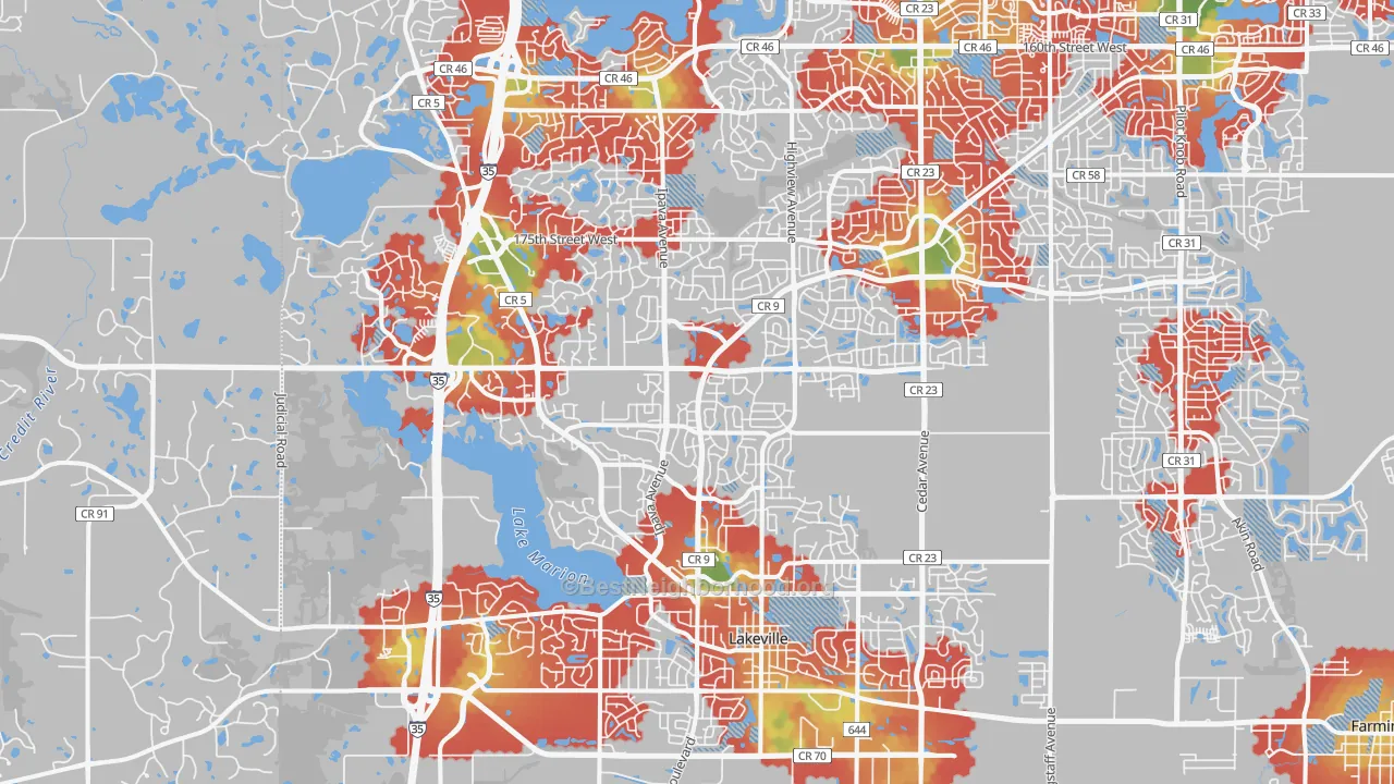 Walk Grade map of 55044, MN, walkable areas in green and car-dependent areas in red