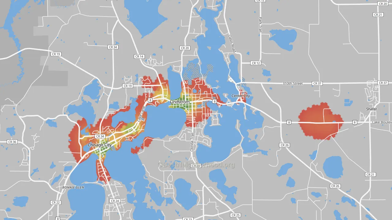 Walk Grade map of 55045, MN, walkable areas in green and car-dependent areas in red