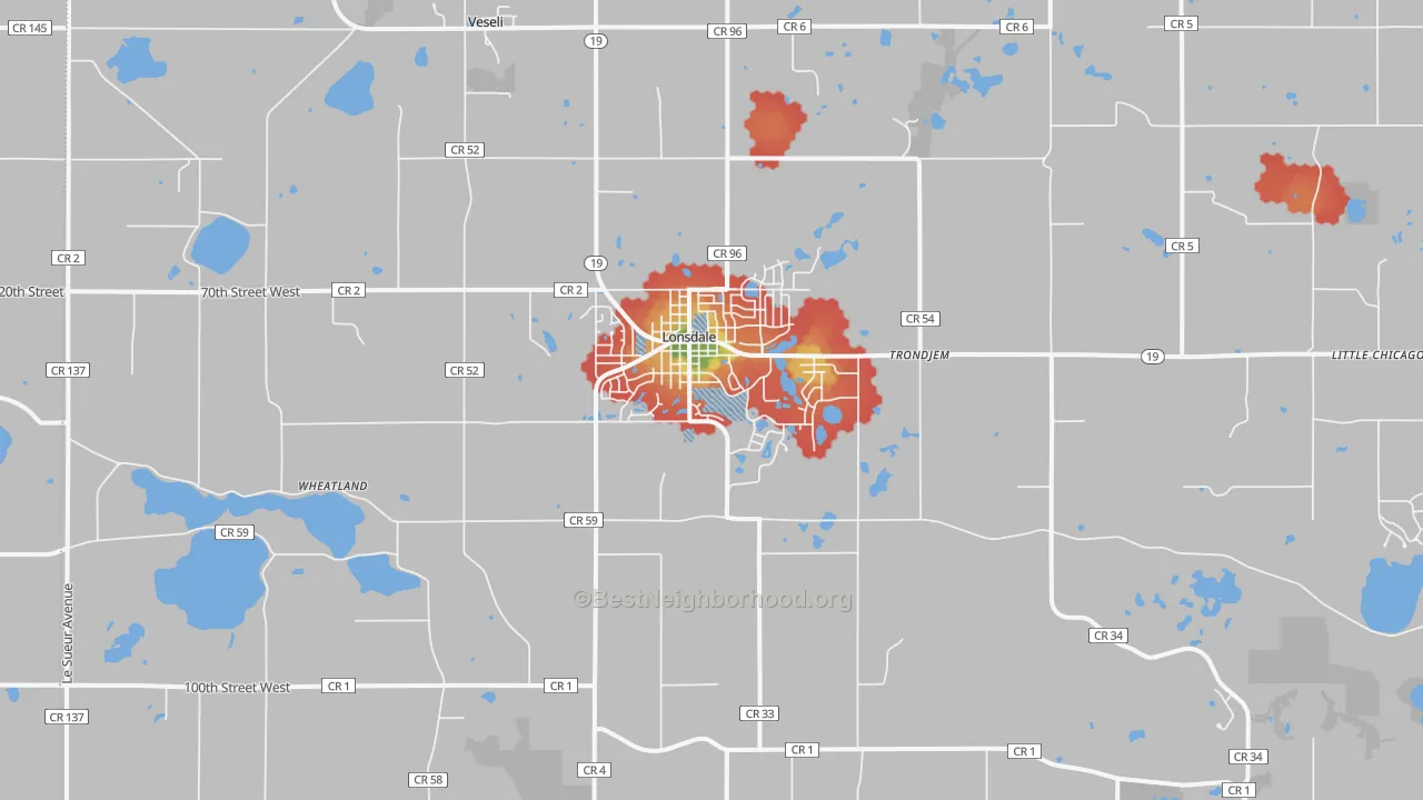 Walk Grade map of 55046, MN, walkable areas in green and car-dependent areas in red