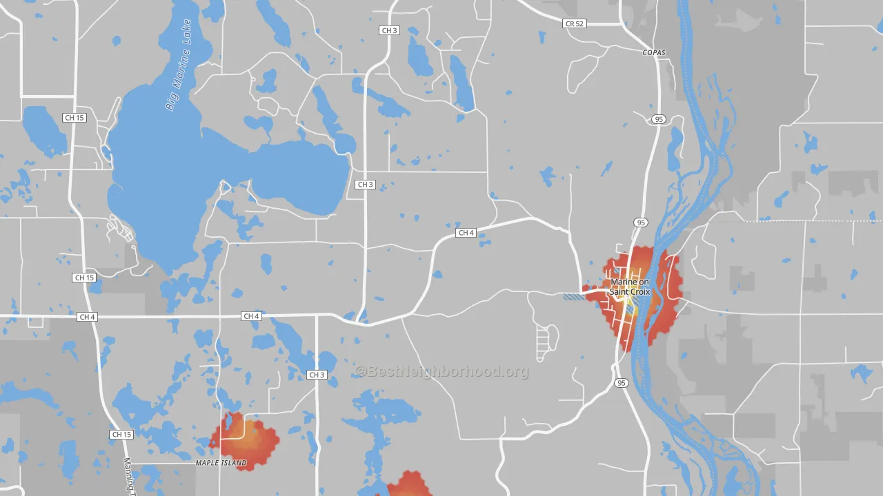 Walk Grade map of 55047, MN, walkable areas in green and car-dependent areas in red