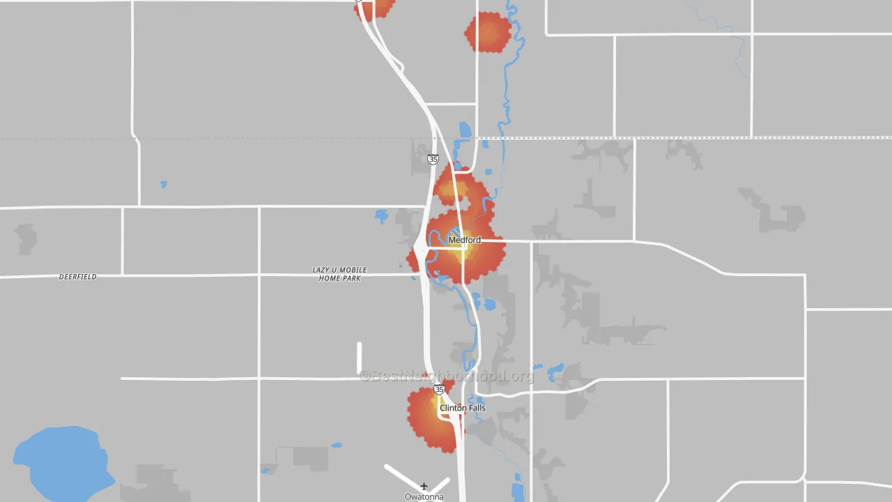Walk Grade map of 55049, MN, walkable areas in green and car-dependent areas in red