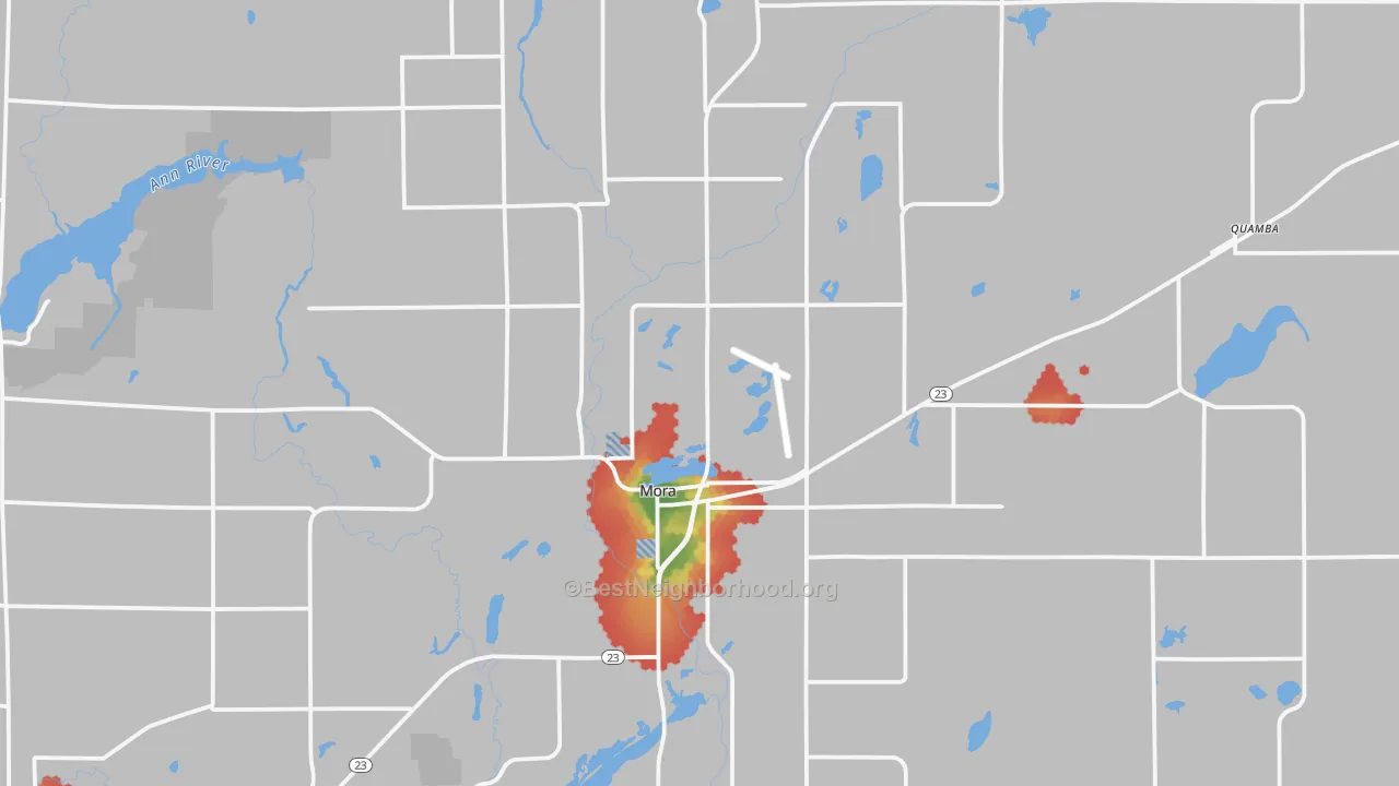 Walk Grade map of 55051, MN, walkable areas in green and car-dependent areas in red