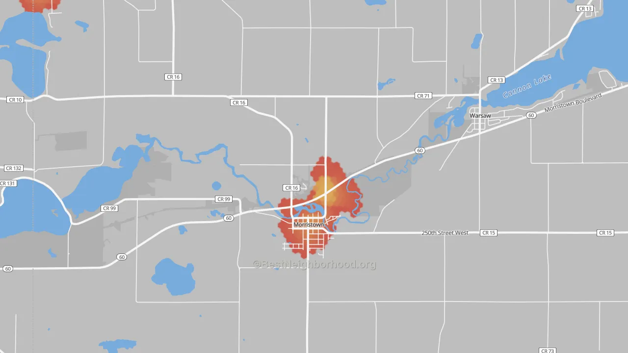 Walk Grade map of 55052, MN, walkable areas in green and car-dependent areas in red