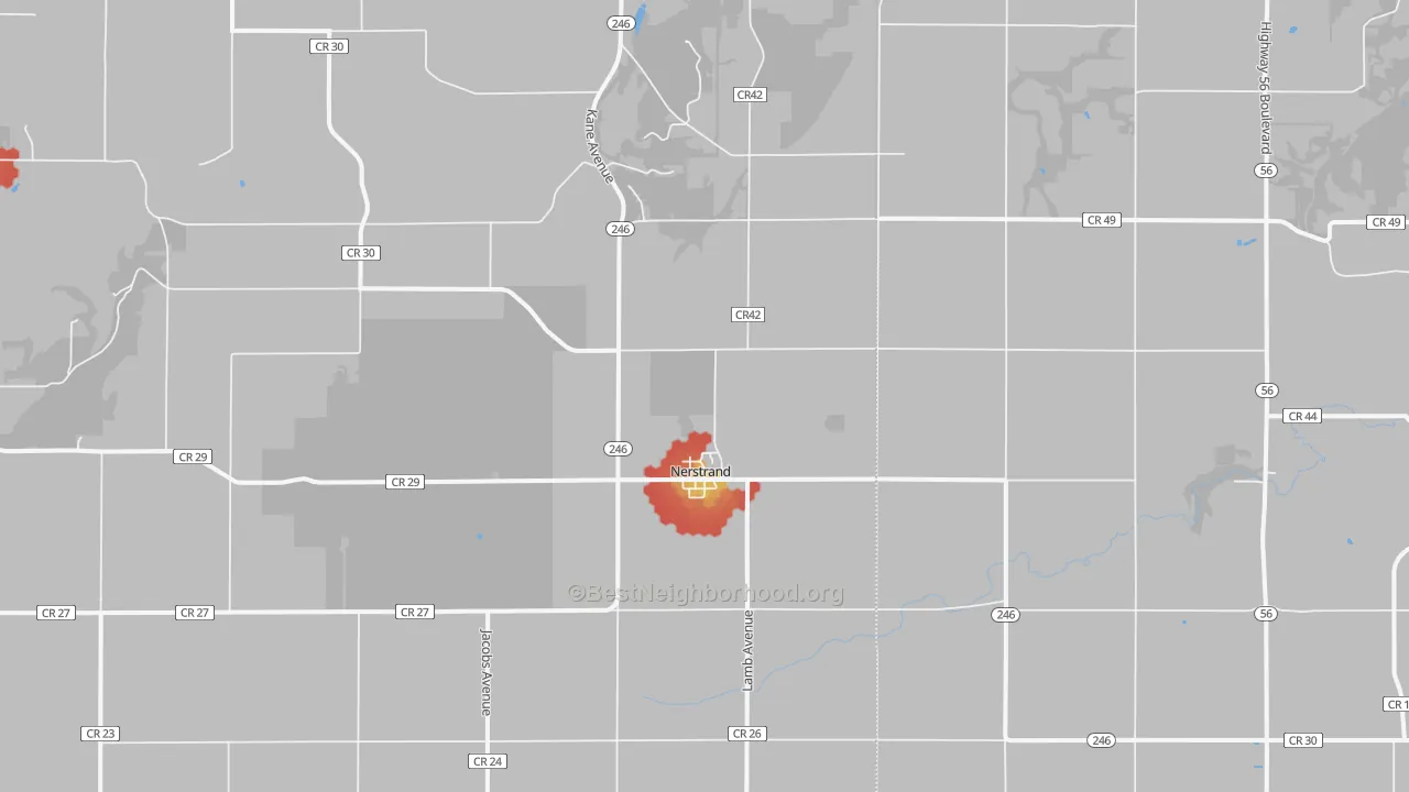 Walk Grade map of 55053, MN, walkable areas in green and car-dependent areas in red
