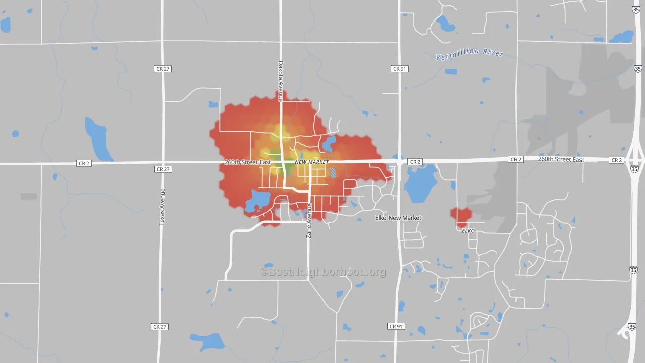 Walk Grade map of 55054, MN, walkable areas in green and car-dependent areas in red