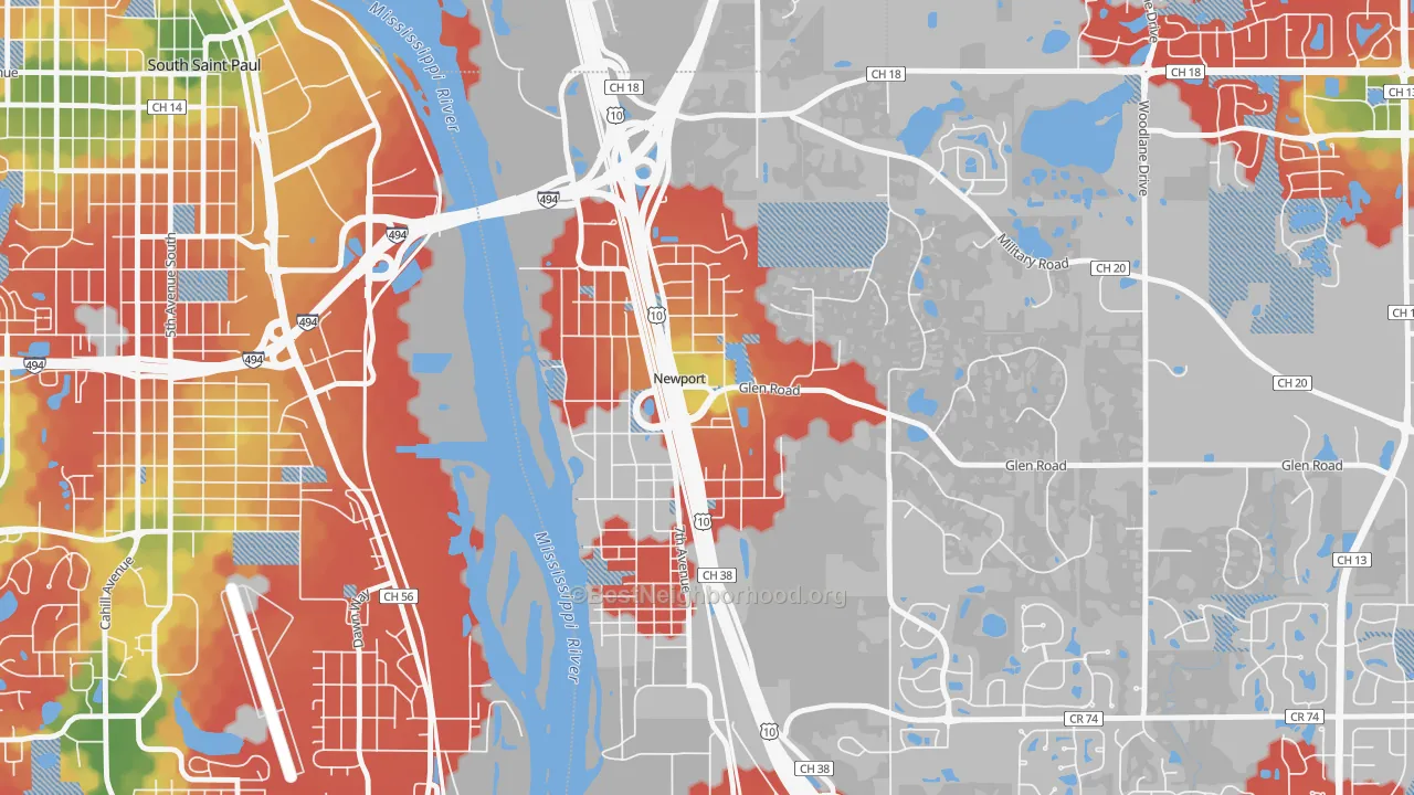 Walk Grade map of 55055, MN, walkable areas in green and car-dependent areas in red
