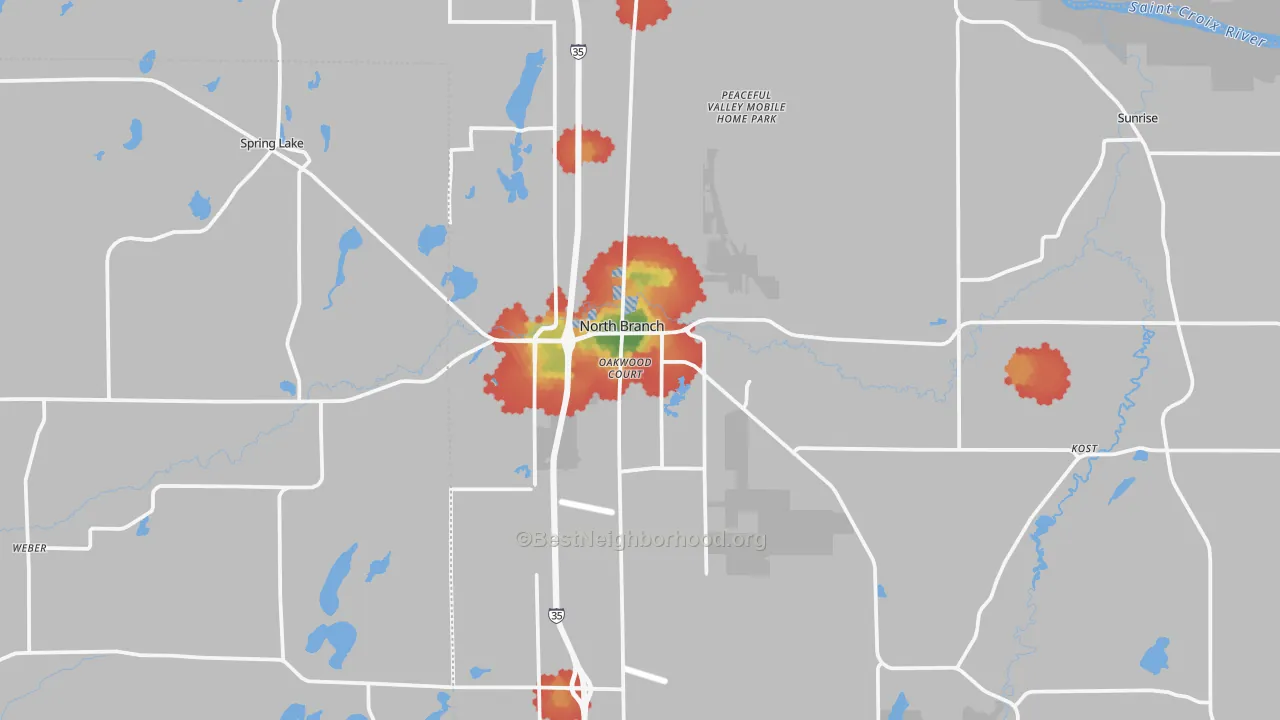 Walk Grade map of 55056, MN, walkable areas in green and car-dependent areas in red