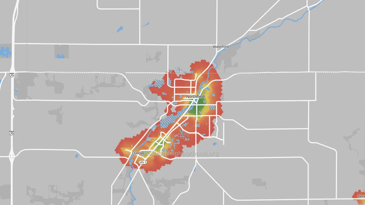 Walk Grade map of 55057, MN, walkable areas in green and car-dependent areas in red