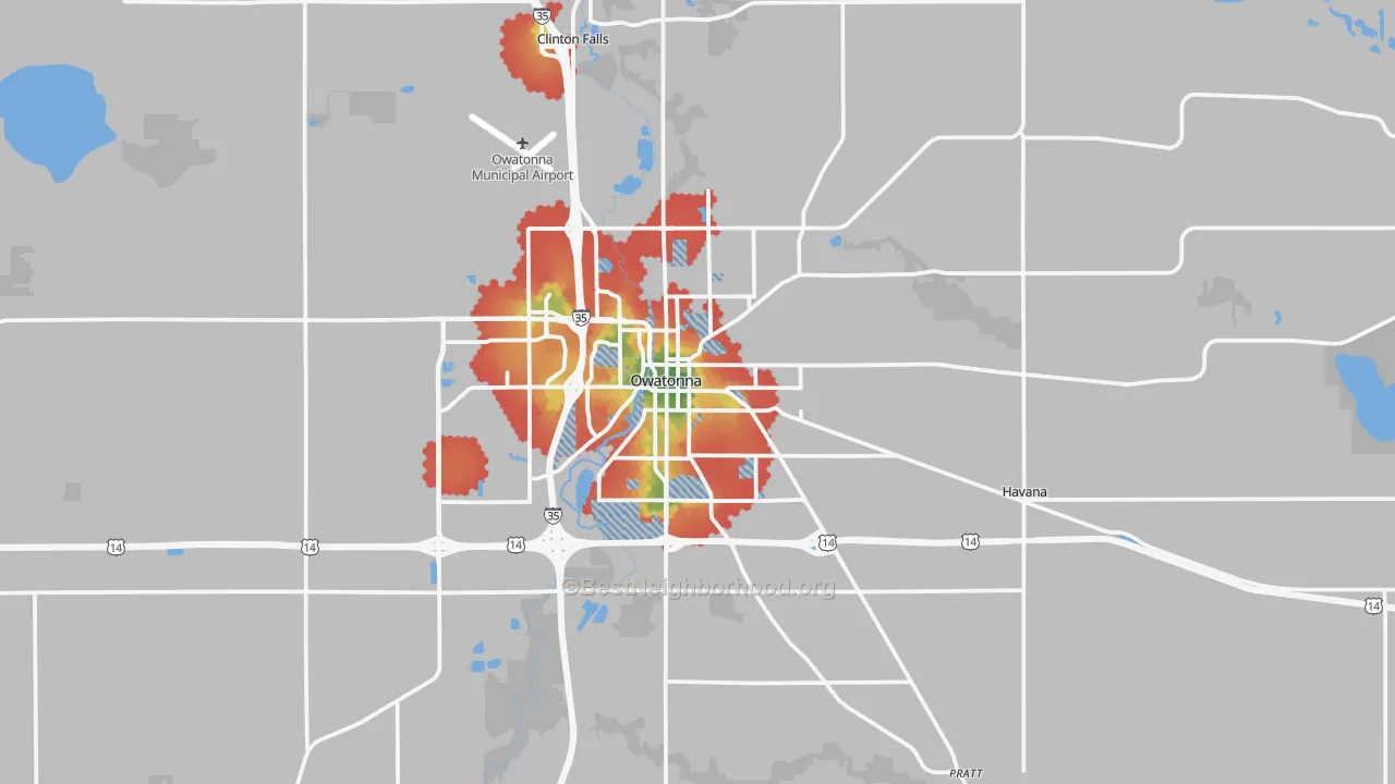 Walk Grade map of 55060, MN, walkable areas in green and car-dependent areas in red