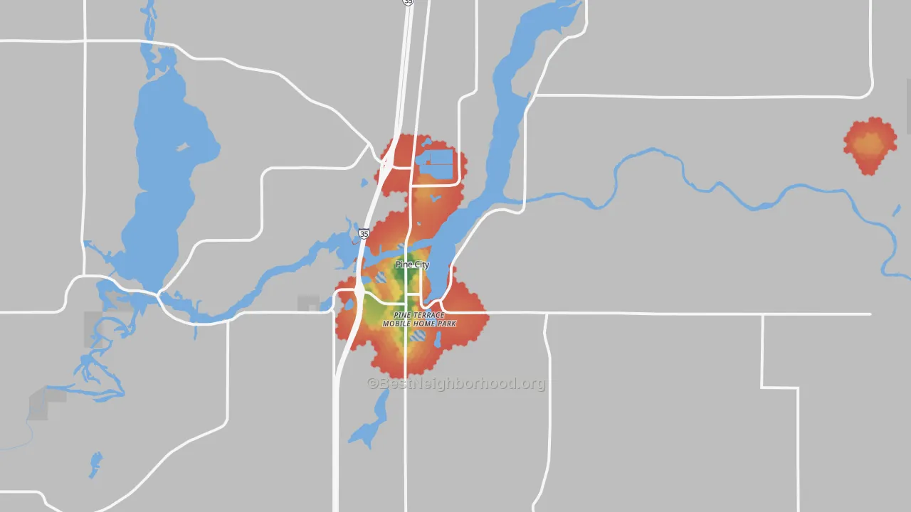 Walk Grade map of 55063, MN, walkable areas in green and car-dependent areas in red