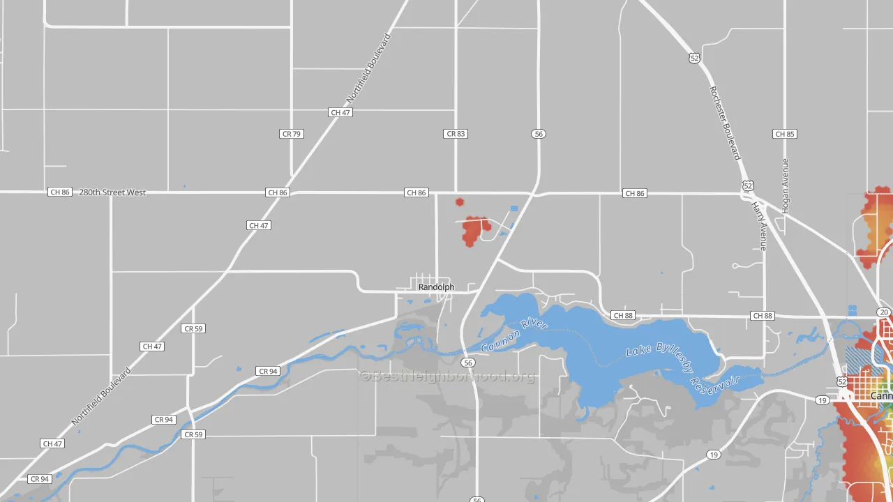 Walk Grade map of 55065, MN, walkable areas in green and car-dependent areas in red