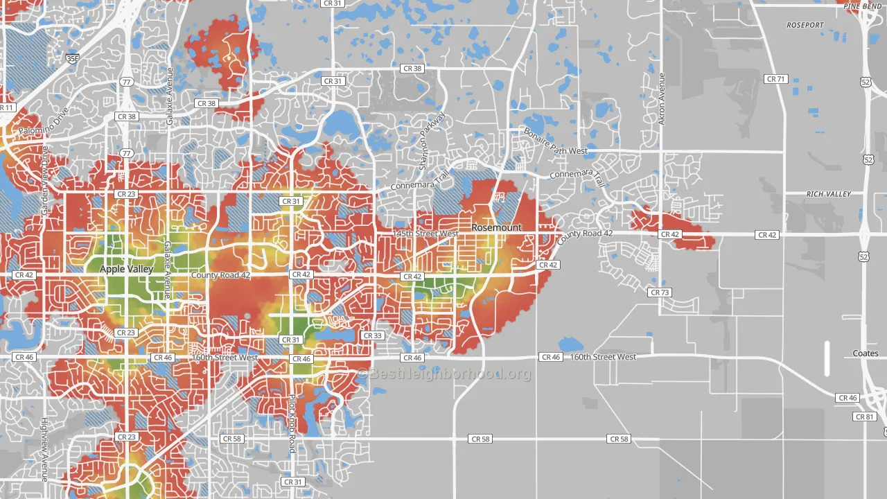 Walk Grade map of 55068, MN, walkable areas in green and car-dependent areas in red