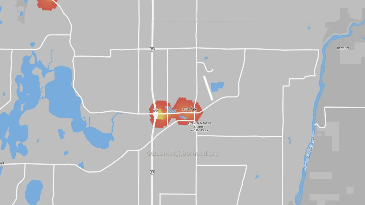 Walk Grade map of 55069, MN, walkable areas in green and car-dependent areas in red