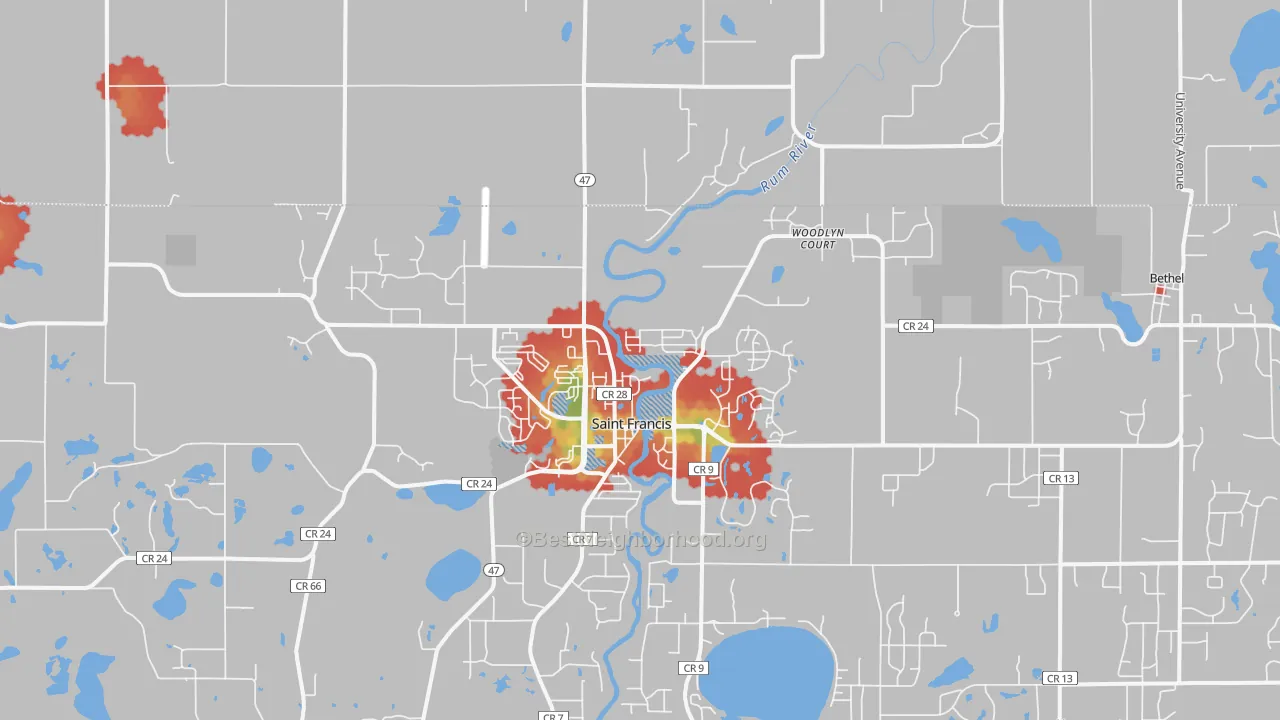 Walk Grade map of 55070, MN, walkable areas in green and car-dependent areas in red