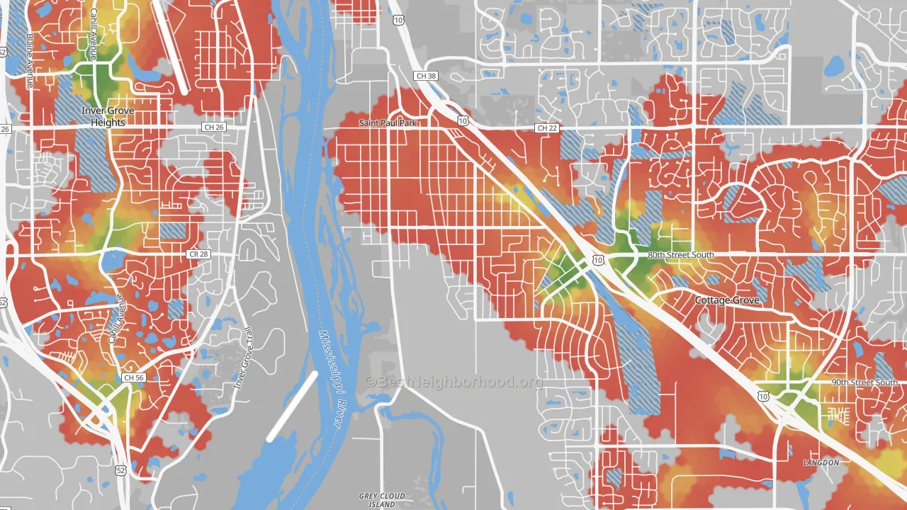 Walk Grade map of 55071, MN, walkable areas in green and car-dependent areas in red