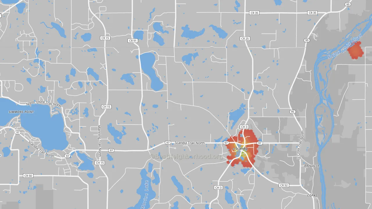 Walk Grade map of 55073, MN, walkable areas in green and car-dependent areas in red