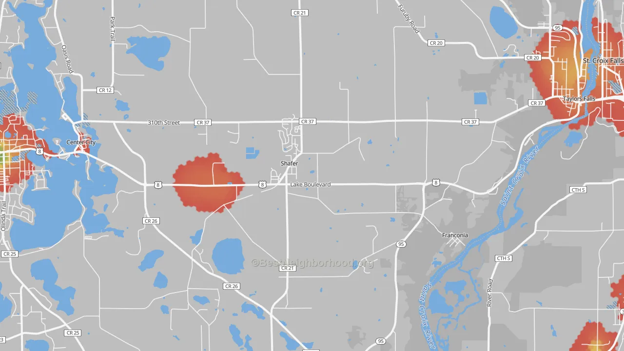 Walk Grade map of 55074, MN, walkable areas in green and car-dependent areas in red