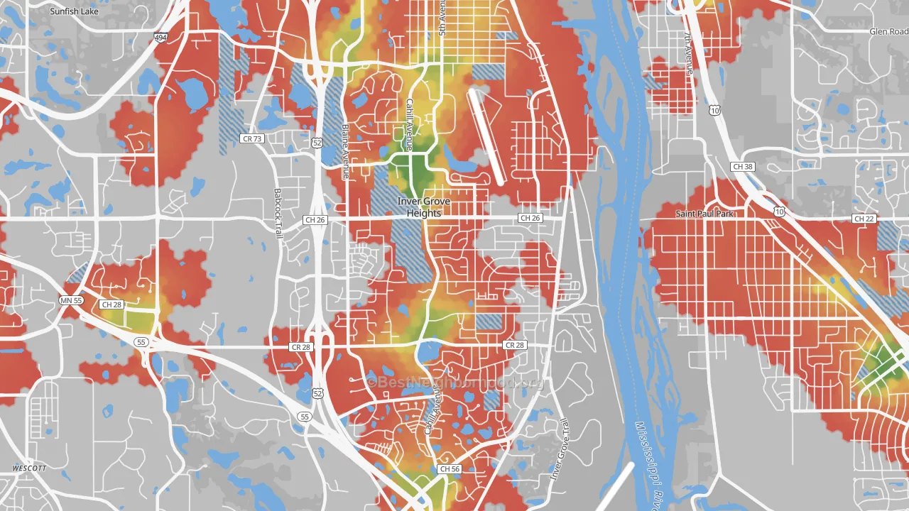 Walk Grade map of 55076, MN, walkable areas in green and car-dependent areas in red
