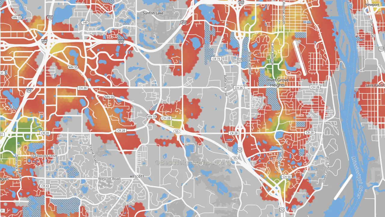 Walk Grade map of 55077, MN, walkable areas in green and car-dependent areas in red