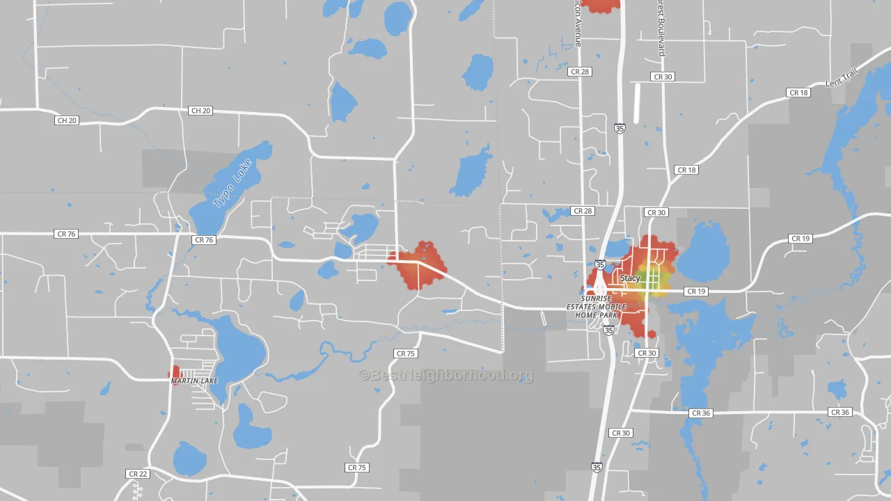 Walk Grade map of 55079, MN, walkable areas in green and car-dependent areas in red